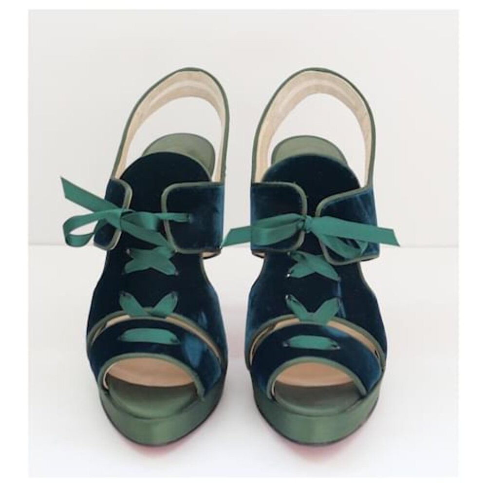 Christian Louboutin HOLIDAY HEELS in Velvet and Silk Forest Green -Size 7.5